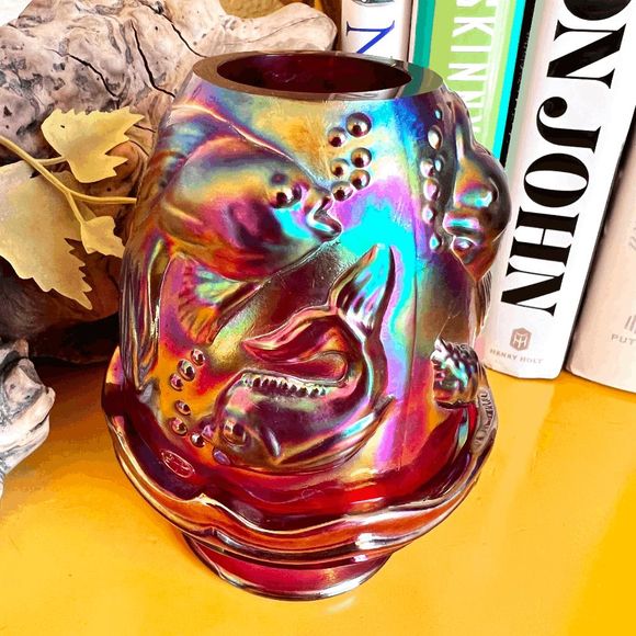 Vinage Fenton Atlantis Koi Fish Red Carnival Glass Signed and Sticker - Picture 4 of 7